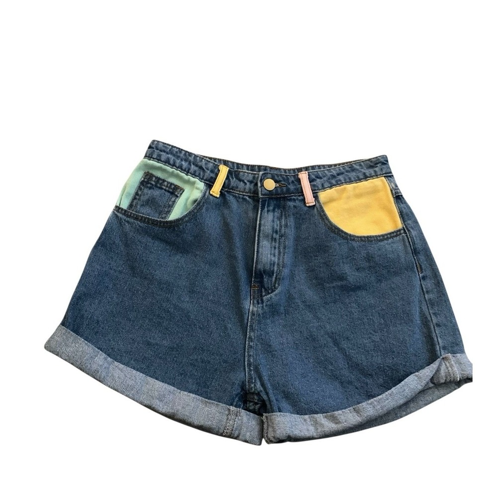 Princess Polly Denim Shorts Womens 6 Blue Colorblock Retro High Rise Cuffed